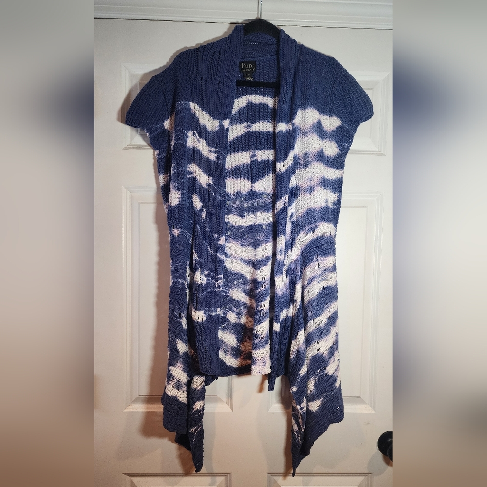 Pure Handknit Cotton Blue And White Tie Dye Style Short Sleeve Cardigan Sweater